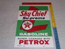 VINTAGE TEXACO SKY CHIEF SUPREME GASOLINE W/ PETROX 18" PORCELAIN METAL OIL SIGN