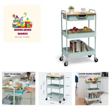 3 Tier Rolling Cart, Utility Cart with Drawer and Table Top, Metal Rolling Ki...