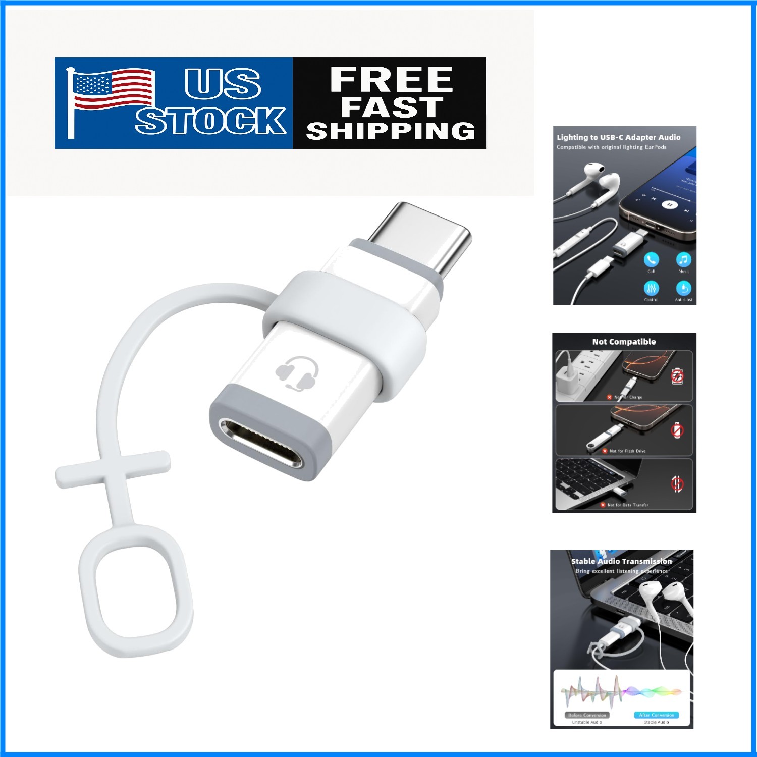 Lightning to USB C Adapter for Headphones Support Line Control
