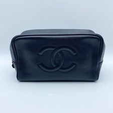CHANEL Cosmetic Pouch Black Gold Hardware Coco Mark US TAX Includ