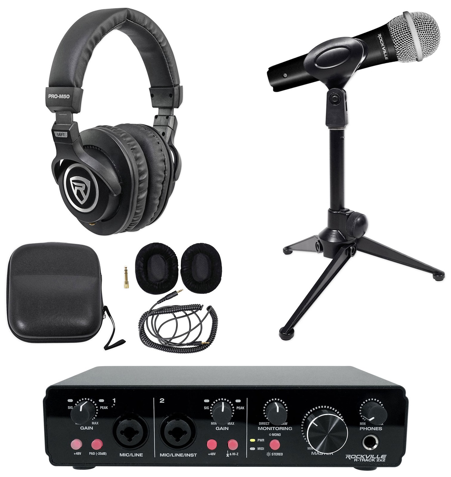 Набор для подкастов Rockville R-TRACK 2x2 на 1 человека с динамическим микрофоном + подставкой + наушниками