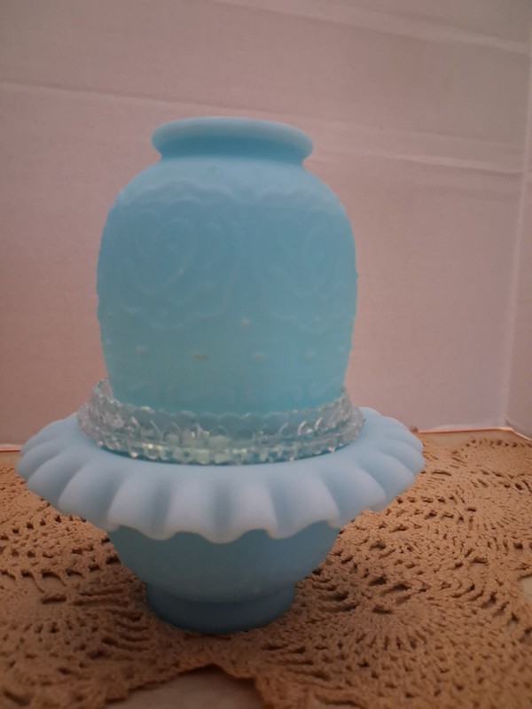 Fenton Blue Satin Persian Medallion Fairy Lamp - 3 Piece
