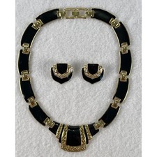 Vintage Necklace and Earring Set, Black Enamel and Gold Tone Detail