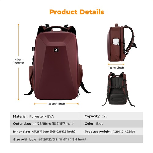 K&F Concept Camera Gear Backpack Bag Mirrorless Waterproof Photography Hardshell - Picture 7 of 8