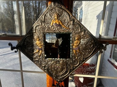 1900's Era Victorian Pressed Metal Framed Mirror & Hat Rack, Free S/H