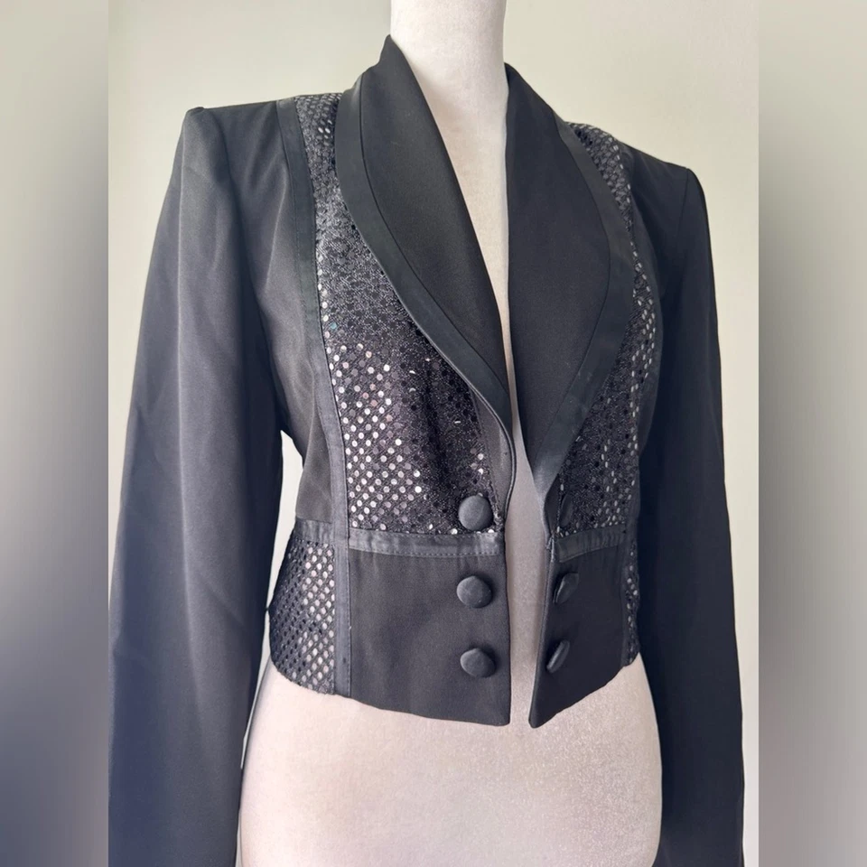 Vintage ‘90s Perceptions by Irene B Black Sequined Cropped Tuxedo Jacket - Image 4 of 4