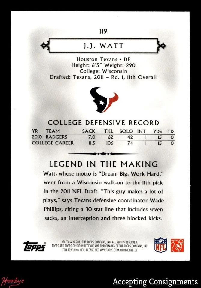 2011 Topps Legends #119 J.J. Watt RC ROOKIE TEXANS - Image 2 of 2