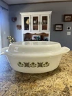Glasbake 1.5 Quart Green Daisy Milk Glass Casserole Dish Vintage with Lid