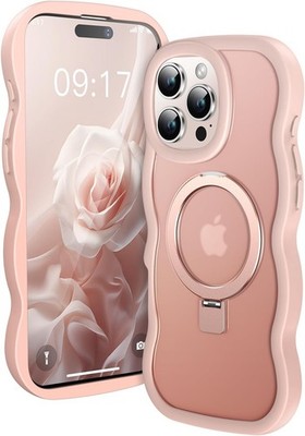 Cute Wave Frame+Mag Stand Designed for iPhone 16 Pro Max Case, Pink Silicone Cov