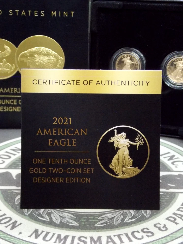 2021 "W" $5 prueba oro águila (2 monedas) 1/10 oz T.1 T.2 *DISEÑADOR* conjunto caja y certificado de autenticidad Foto 4 de 4