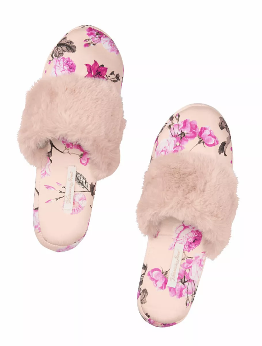 VICTORIA S SECRET LIGHT PINK FLORAL FUZZY COZY SATIN SLIPPERS