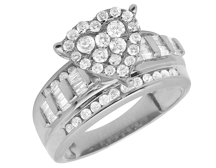 Ladies 10K White Gold Heart Cluster Baguette Real Diamond