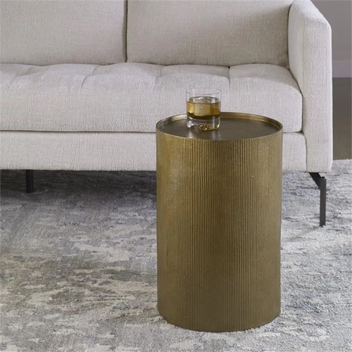 Uttermost Adrina Textured Reeded Exterior Drum Aluminum Accent Table in Gold - Picture 2 of 5