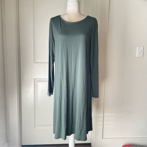 Eileen Fisher Viskose Stretch Strick Langarm Etuikleid Midikleid Gr. L olivgrün