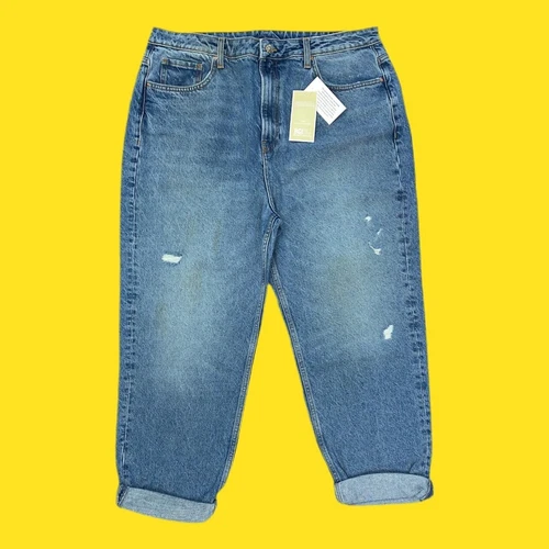 V BY VERY Vintage Wash Mom Jeans, Zip Up Fly , Distressed/Ripped, UK 18