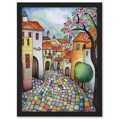 Village Cobbled Street Cherry Blossom Folk Art Framed Wall Art Picture Print A3