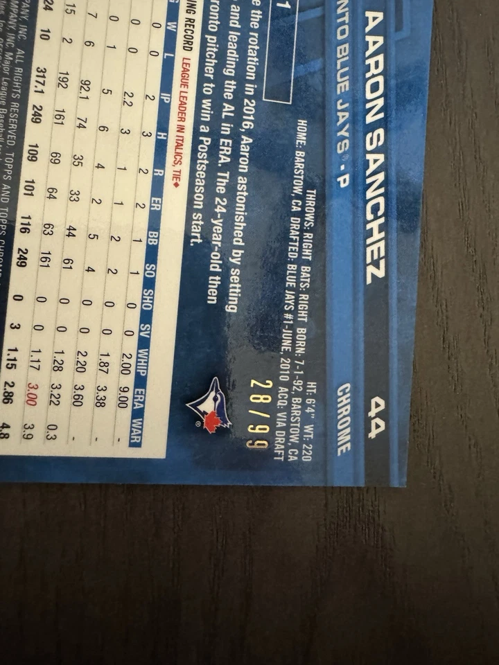 2017 Topps Chrome Green Refractor /99 #44 AARON SANCHEZ Toronto Blue Jays Card - Image 3 of 3