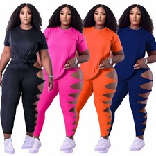 New Fashion Women Short Sleeves Hollow Out Solid Patchwork Casual Jumpsuit 2pcs