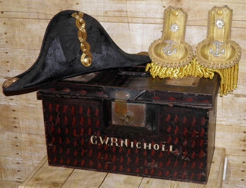 WW2 Military Royal Navy Bicorn Hat & Epaulettes in Tin Commander G W R Nicholl