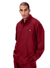 Men's Casual 2pc Walking Suit Long Sleeve Shirt  Pants Set Burgundy
