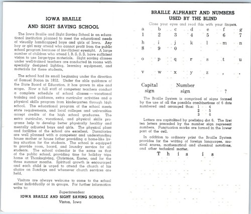 Visión Braille Vinton IA Iowa década de 1950 ahorro información escolar doble pliegue tarjeta alfabeto M7 - Imagen 4 de 5