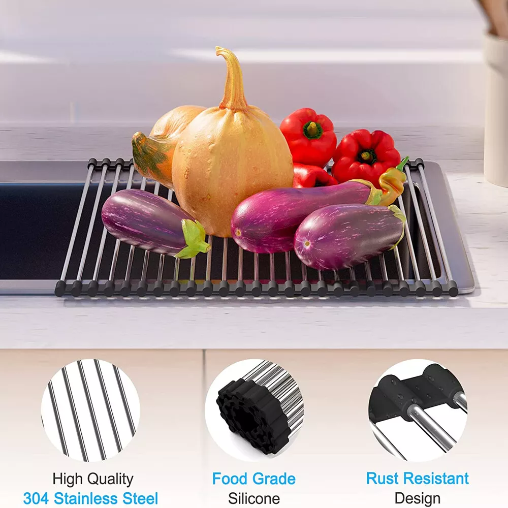 Roll Up Dish Drying Rack - Stainless Steel and Silicone Dish Drying Mat  Over the Sink Foldable Drain Rack Multipurpose Dish Drainer 