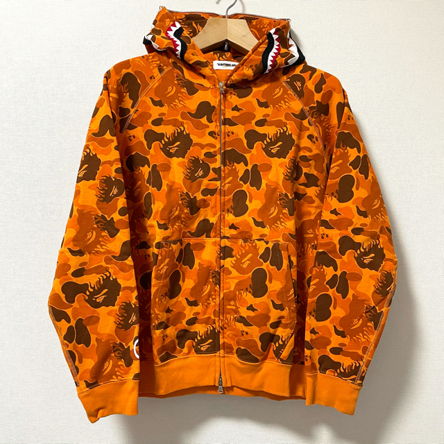 BAPE Fire Camo Shark Full Zip Hoodie Orange Camouflage Size
