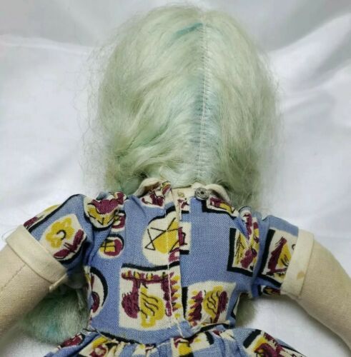 Vintage Zelluloid Gesicht Mädchen Puppe blaue Haare um 1950 16" groß gelenkig gekleidet - Bild 9 von 12