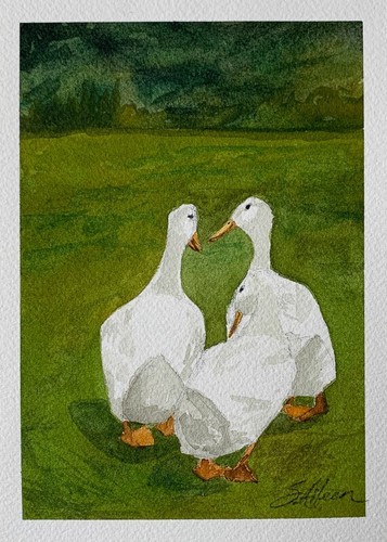 Watercolor Painting Barnyard Geese Ducks "Lola, Mildred, & Mable" Signed 5x7