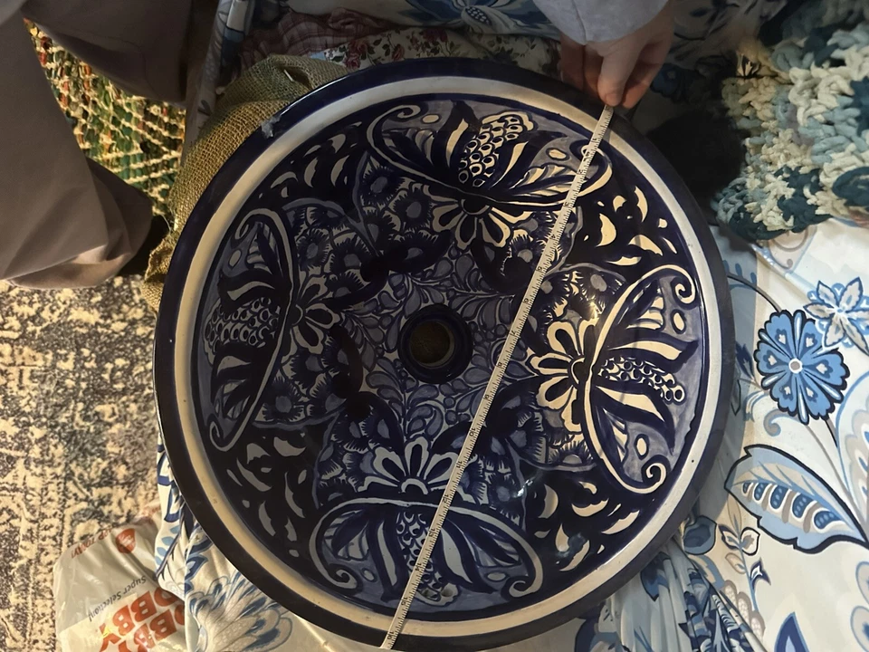 Fregadero Talavera azul y blanco 16,5 pulgadas fregadero redondo Foto 4 de 4