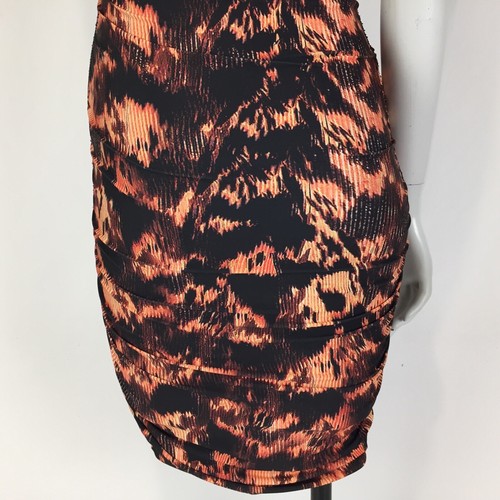 Kookai Dress Orange Size 1 8 10 Black Pattern Body Con Ruched Lined Cap Sleeve - Picture 9 of 14