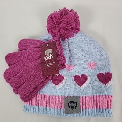 New Buffalo Outdoors Youth Blue Pink Hearts Beanie and Gloves 2 Piece Set $13