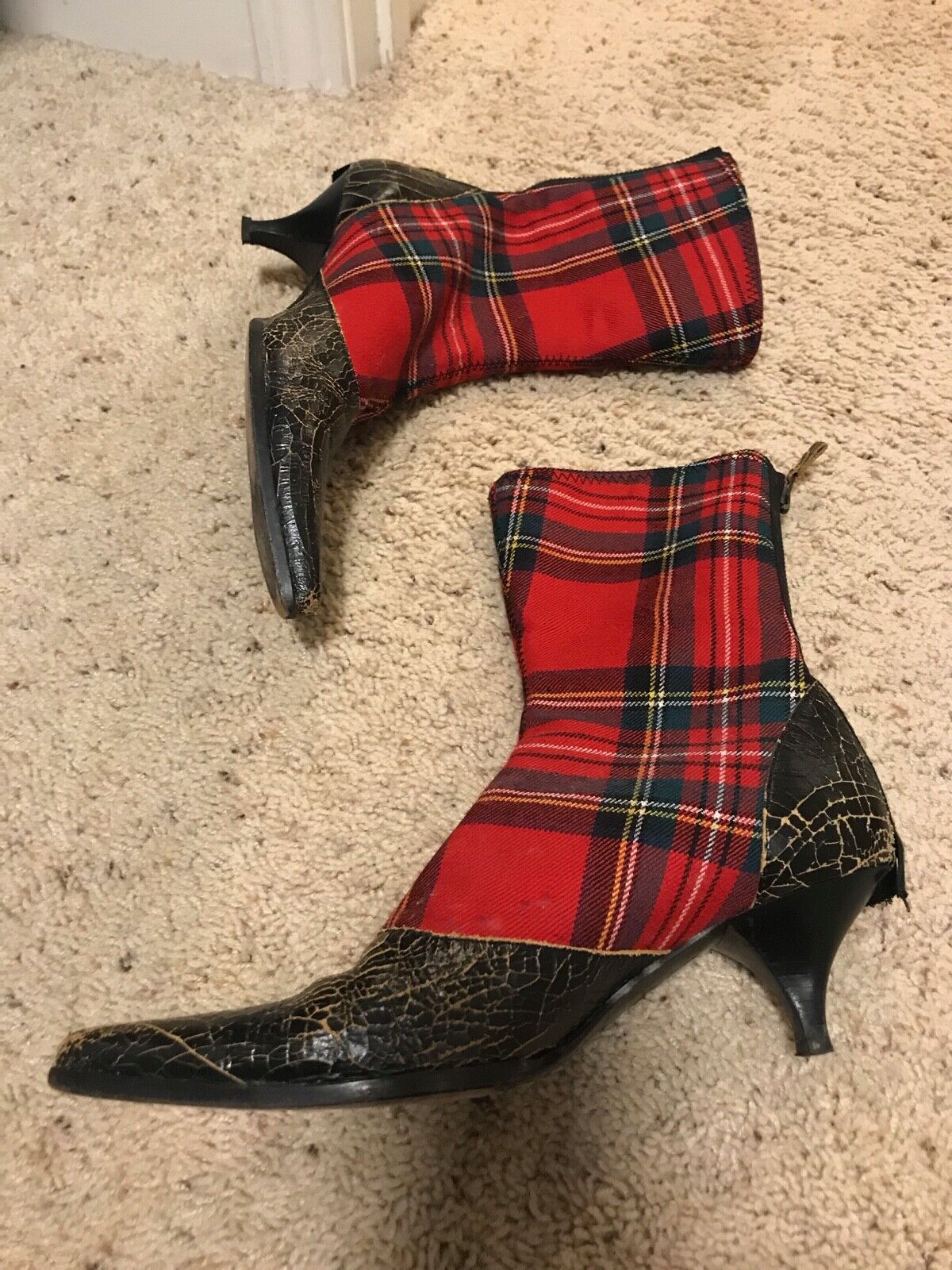 MIU MIU Vintage Kitten Heel Red Tartan plaid boots Y2K WOOL 37 Cute leather  toe