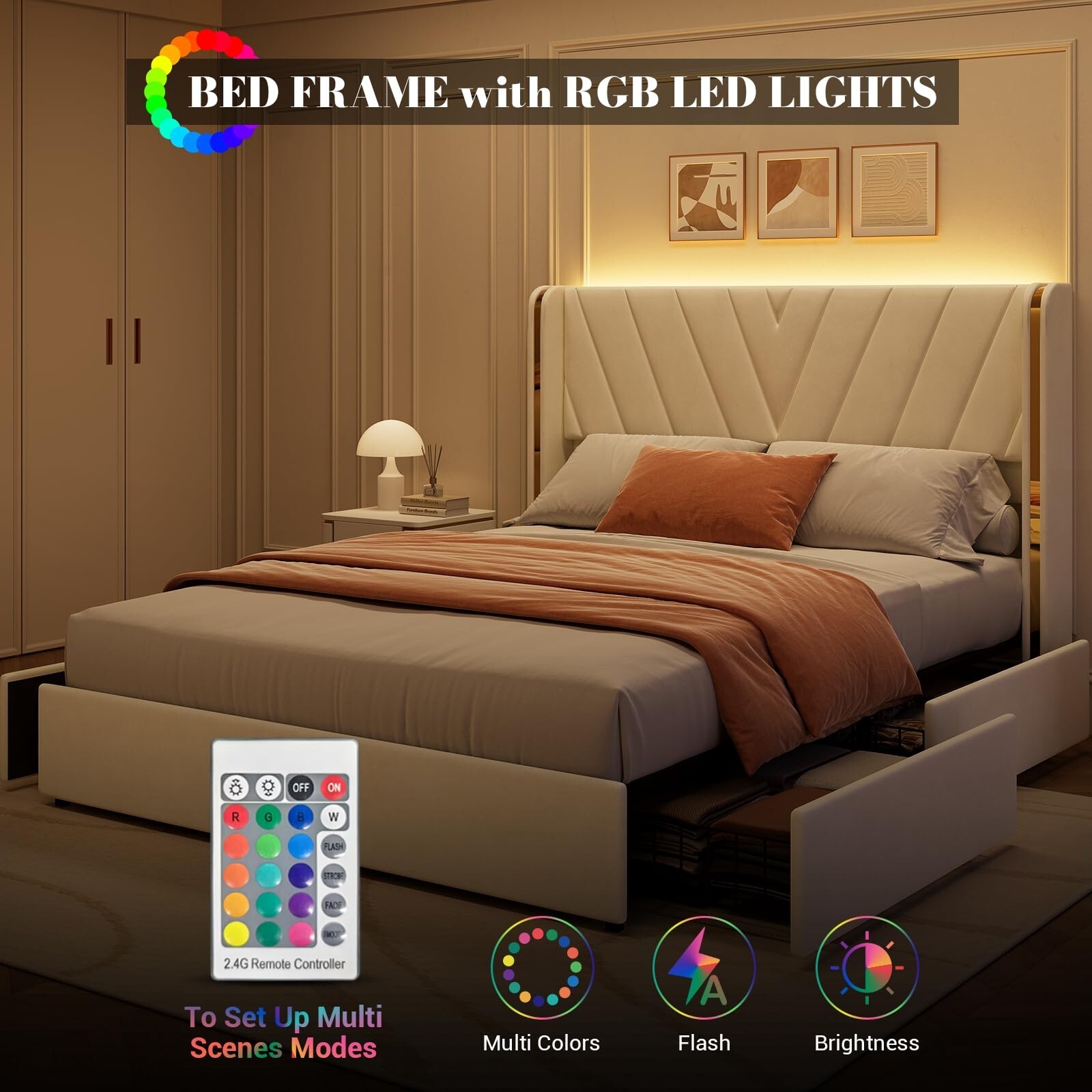 LED Full Queen Size Bed Frame with Wooden Headboard 4 Storage Drawers Platform