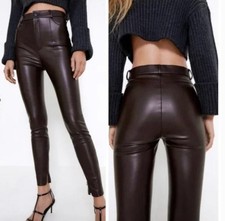 Zara Pants Women  s Size Large BROWN Faux Leather Leggings NWOT