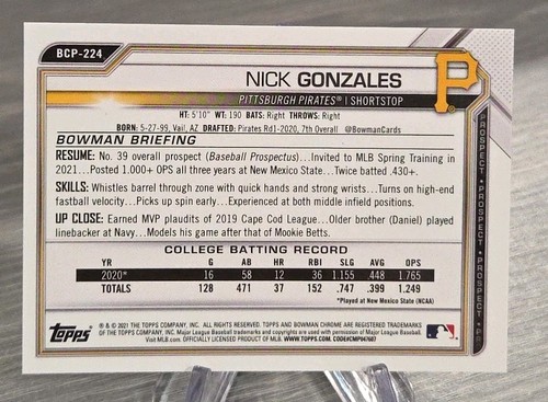 Nick Gonzales 2021 Bowman Chrome Green Shimmer /99 #BCP-224 Pittsburgh Pirates - Picture 2 of 3