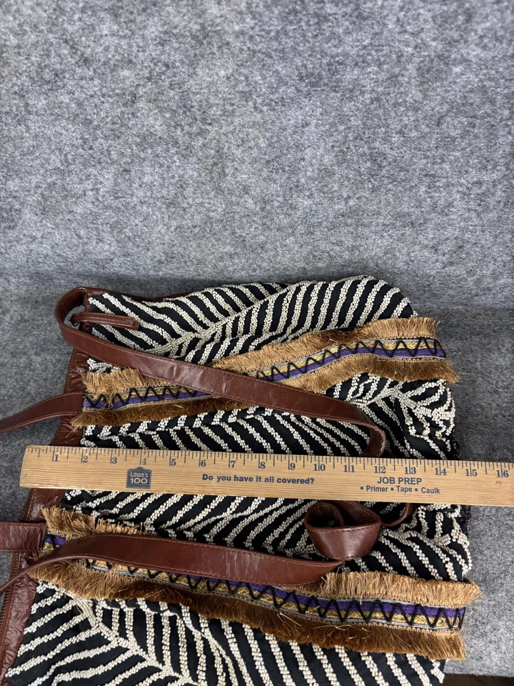 Anthropologie Beaded Shoulder Bag Womens Brown Leather Strap Zebra Boho Fringe - Image 4 of 4