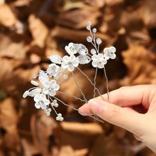 Silver Flower Bride Wedding Hair Pins Leaf Bridal Headpiece Pearl Rhinestone ...