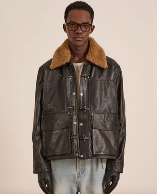 FOUND Men s Leather Fireman Jacket Sherpa Collar Utility Coat Black Size M New