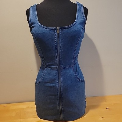 XOXO Zip Front Denim Tank Dress Medium Blue Womens  Sleeveless Bodycon.