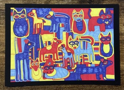 Bunte Katze & Hund A6 Postkarte von Jay Snelling Außenseiter Art Brut Folk