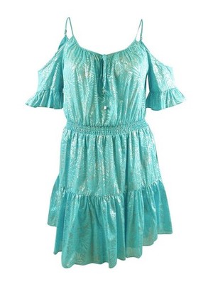 MICHAEL Michael Kors Women's Plus Foil-Print Cold-Shoulder Dress (3X, Turquoise)