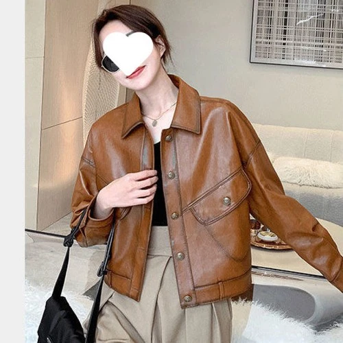 Damen Einreiher PU Leder Langarm Reverskragen Kurzmantel Jacke Neu - Bild 22 von 22