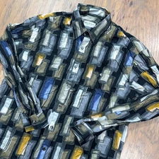 Vintage Norm Thompson Shirt Mens L Black Mosaic Abstract Rayon Button Up Italy