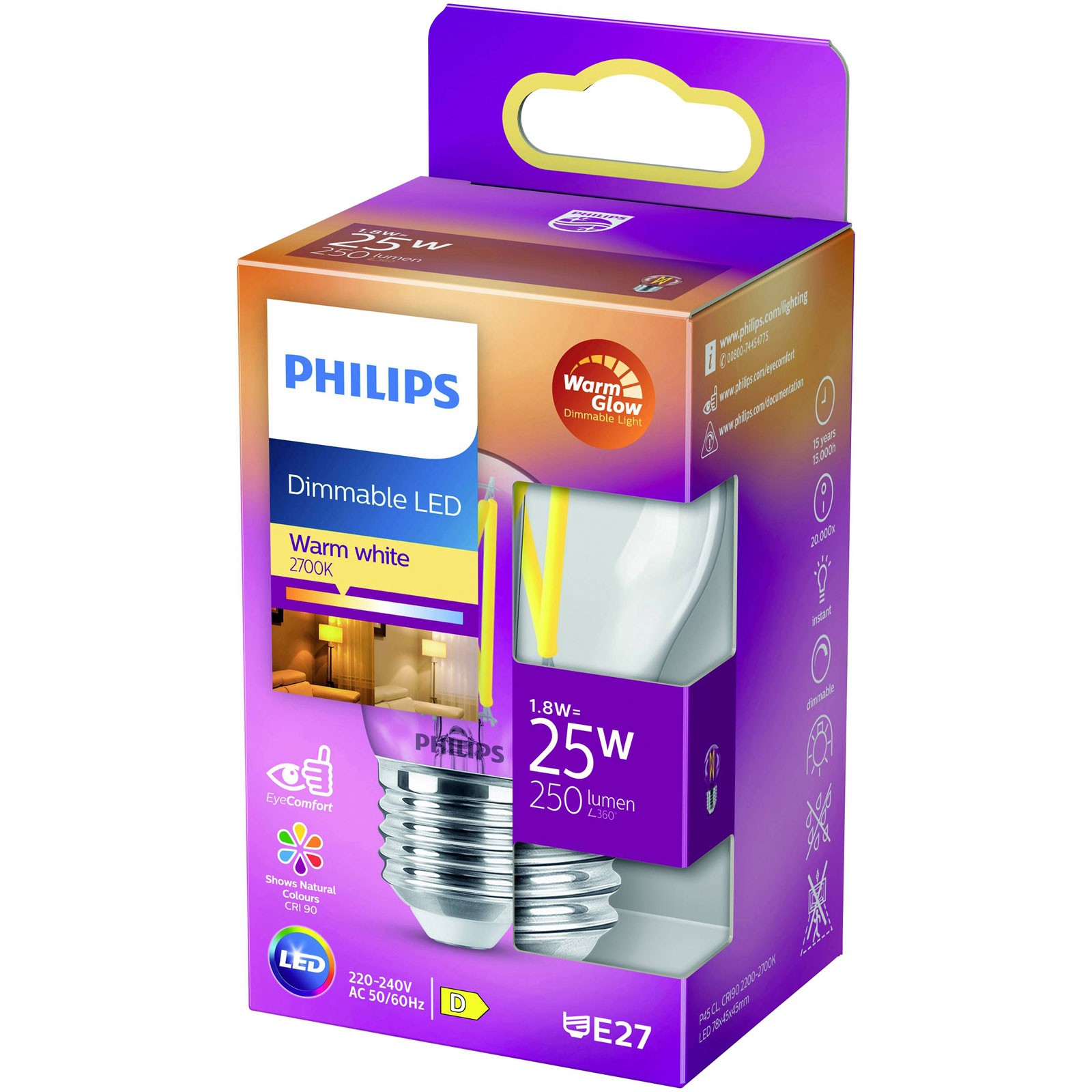 Philips LED 2.5W E-27 Warm White Clear Teardrop Lamp