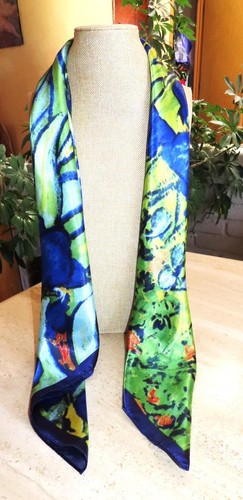 Square scarf; irises; blue purple green white yellow black+ 35x36in; poly; NWT - Picture 5 of 11