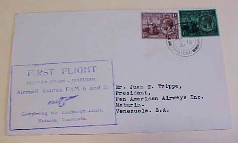 TRINIDAD & TOBAGO FLIGHT COVER 1931 TO MATURIN  VENEZUELA