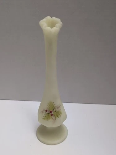 Fenton Holly Custard Swung Free Form Vase UV Sensitive Hand Painted Signed