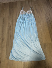 Women  s Solid Blue/White Nylon Full Slip with Lace Trim, Size L Regular