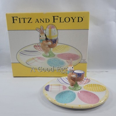 Fitz & Floyd A Good Egg Tray Salt Pepper Shaker Set Easter Bunny Pastel~NEW